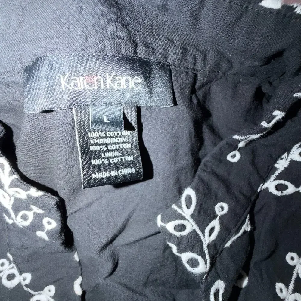 Karen Kane Black White Embroidered Cotton SleevelessDress Large Boho Cottagecore - Picture 8 of 9